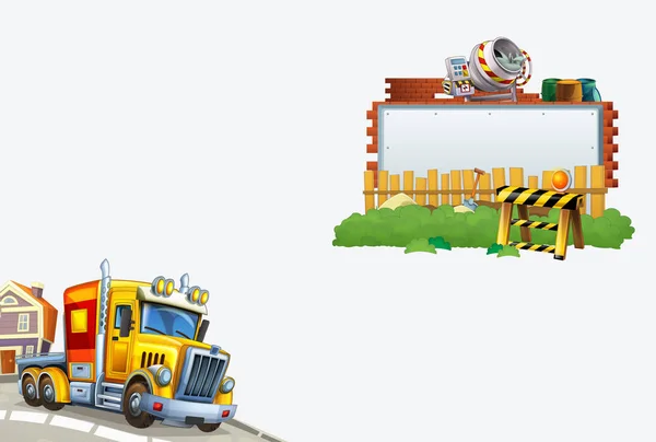 Cartoon cargo truck on the street in the city with title page - illustration for children — Stock Photo, Image