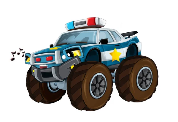 Cartoon happy and funny off road police car looking like monster truck smiling vehicle illustration for children — Stock Photo, Image