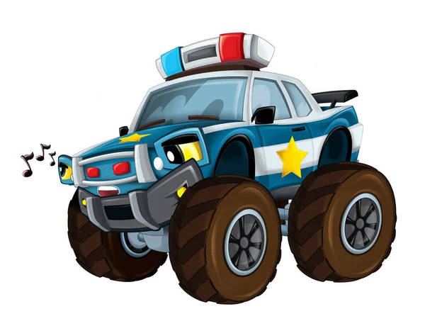 Cartoon happy and funny off road police car looking like monster truck whistle vehicle illustration for children — Stock Photo, Image
