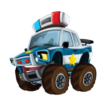 çizgi film mutlu ve komik off road polis arabası canavar gibi görünümlü