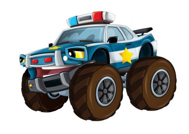 çizgi film mutlu ve komik off road polis arabası canavar gibi görünümlü