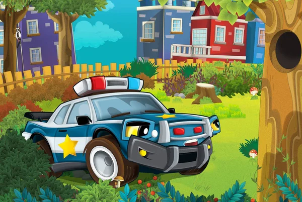 Cartoon scene in de stad met politie auto rijden door het park patrouilleren - illustratie voor kinderen — Stockfoto