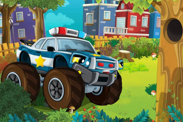 Cartoon scene in de stad met politie auto rijden door het park patrouilleren - illustratie voor kinderen — Stockfoto