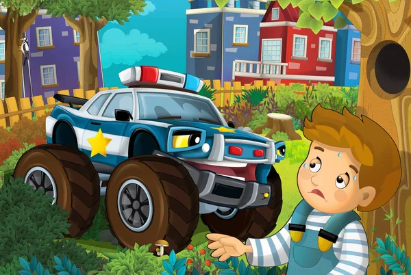 Cartoon scene in the city with police car driving through the city to help child in the park - illustration for children — Stock Photo, Image