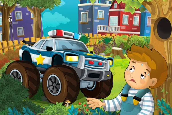 Scena kreskówki w mieście z policyjnym samochodem jazdy po mieście, aby pomóc dziecku w parku-ilustracja dla dzieci — Zdjęcie stockowe