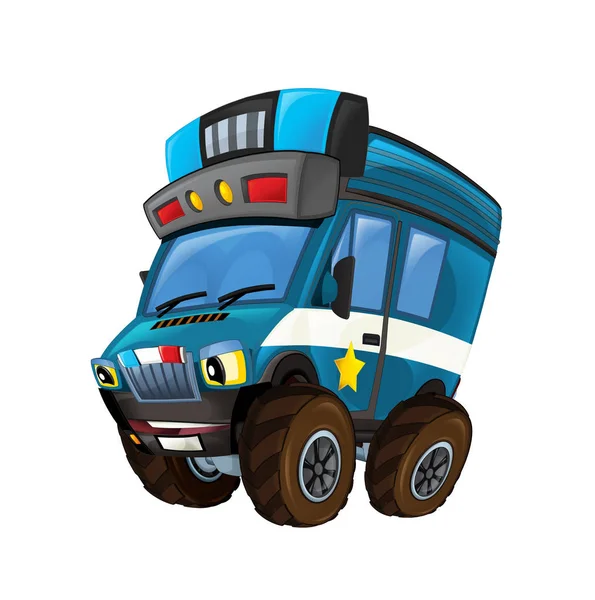 Cartoon gelukkig en grappig Off Road politie auto op zoek als monster truck glimlachend voertuig illustratie voor kinderen — Stockfoto