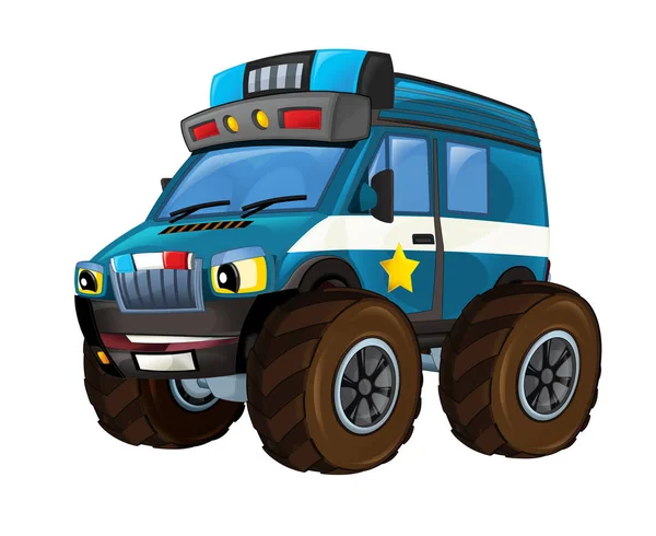 Cartoon happy and funny off road police car looking like monster truck smiling vehicle illustration for children — Stock Photo, Image