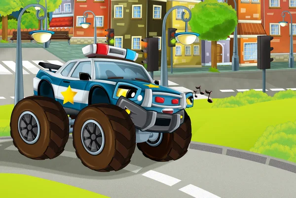 Σκηνή κινουμένων σχεδίων στην πόλη με αυτοκίνητο της αστυνομίας οδήγηση μέσα από το πάρκο περιπολία - εικονογράφηση για τα παιδιά — Φωτογραφία Αρχείου