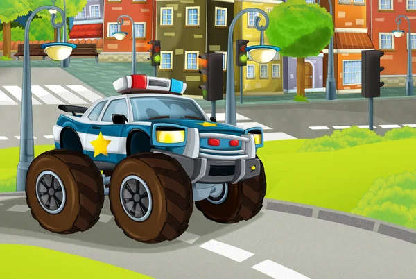 Мультфильм сцены в городе с полицейской машиной, проезжающей через парк патрулирования - иллюстрация для детей — стоковое фото