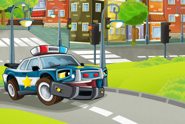 Мультяшна сцена в місті з поліцейським автомобілем, що проїжджає парком патрулювання - ілюстрація для дітей — стокове фото