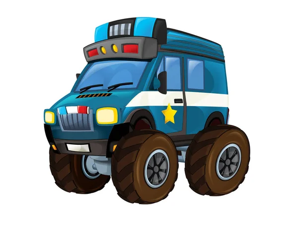 Мультфильм счастливый и смешной внедорожник полицейский автомобиль выглядит как монстр грузовик автомобиль иллюстрация для детей — стоковое фото