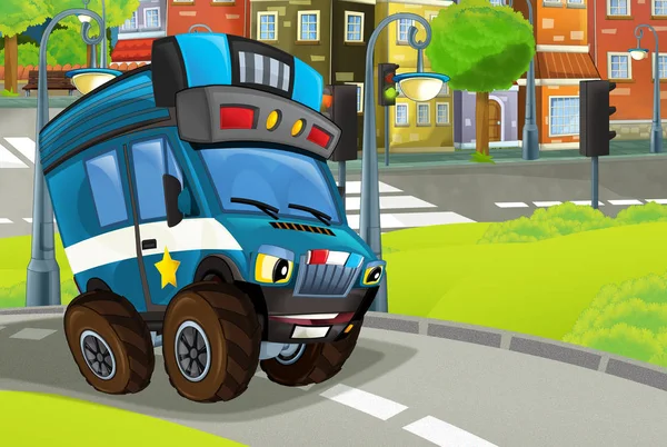 경찰이 차를 몰고 공원을 순찰하는 모습 - 아이들을 위한 삽화 — 스톡 사진