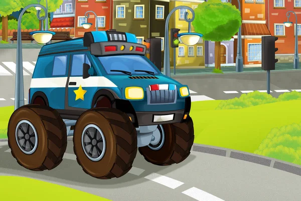 Cena dos desenhos animados na cidade com carro da polícia dirigindo através da patrulha do parque - ilustração para crianças — Fotografia de Stock