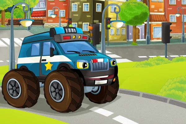 Tecknad scen i staden med polisbil kör genom parken patrullering - illustration för barn — Stockfoto