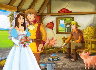 Çocuklar için ahır pigsty illüstrasyon prenses ve prens veya kral ve çiftçi çiftlik sahibi ile Karikatür sahne