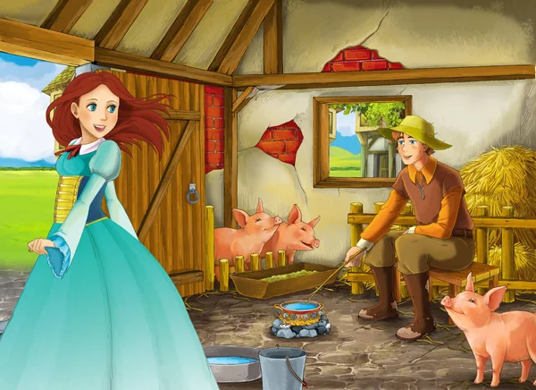 Cena dos desenhos animados com princesa e fazendeiro rancheiro no celeiro pigsty ilustração para crianças — Fotografia de Stock