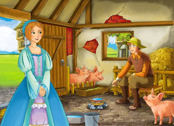 Tecknad scen med prinsessan och bonde ranchägare i ladan svinstia illustration för barn — Stockfoto