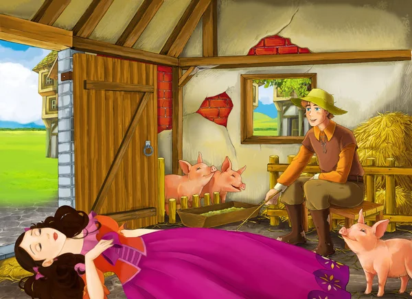 Escena de dibujos animados con princesa y granjero ranchero en el granero ilustración pocilga para niños —  Fotos de Stock