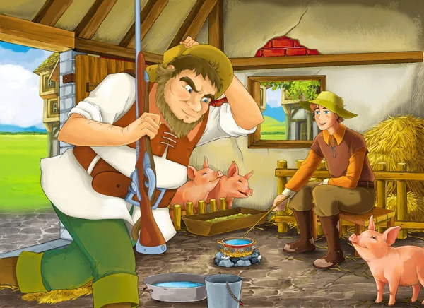 Adegan kartun dengan dua petani atau pangeran yang menyamar dan petani yang lebih tua atau pemburu di kandang babi ilustrasi untuk anak-anak — Stok Foto