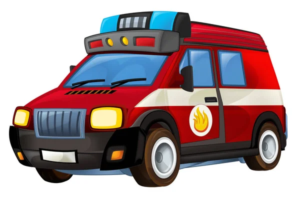 Cartoon firetruck on white background with fire sign on the side - illustration for the children — Stock Photo, Image