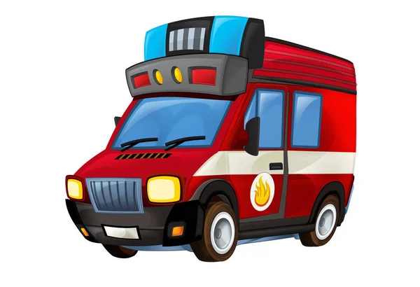 白色背景的卡通消防车，侧面有消防标志 - 儿童插图 — 图库照片