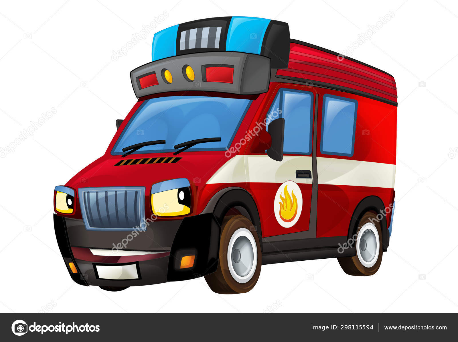 Carro de bomberos de dibujos animados sobre fondo blanco