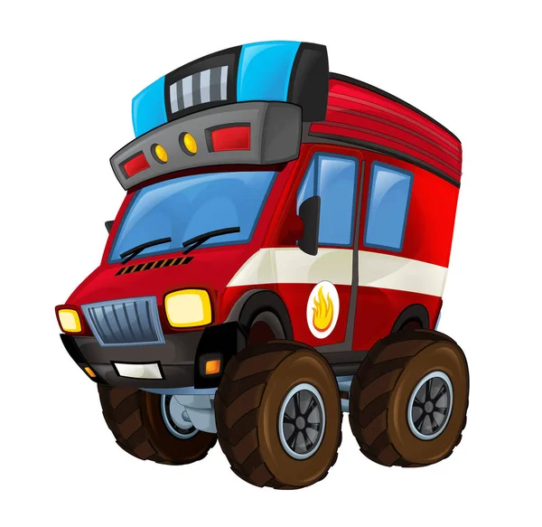 Мультфильм пожарный грузовик-монстр на белом фоне с пожарным знаком сбоку - иллюстрация для детей — стоковое фото