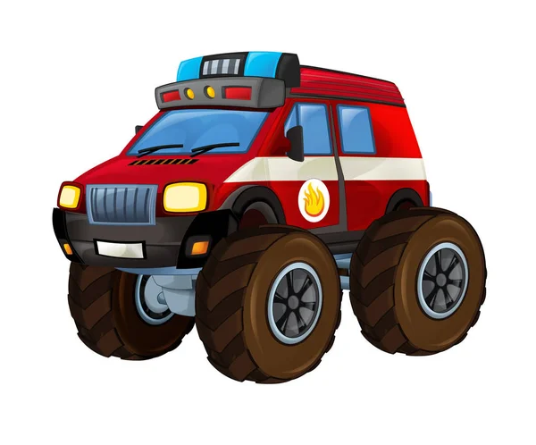 Cartoon firetruck monster truck on white background with fire sign on the side - illustration for the children — Stock Photo, Image