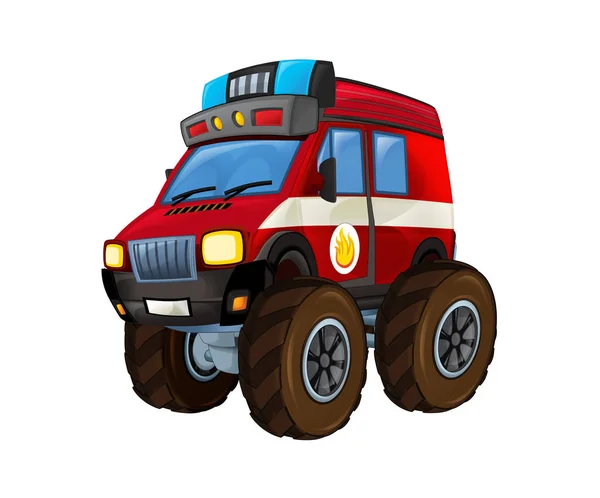 Cartoon firetruck monster truck on white background with fire sign on the side - illustration for the children — Stock Photo, Image