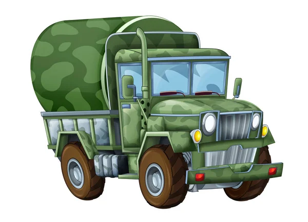 Cartoon grappige militaire truck cisterne geïsoleerd op witte achtergrond illustratie voor kinderen — Stockfoto