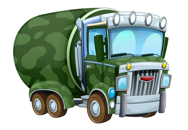 Cartoon grappige militaire truck cisterne geïsoleerd op witte achtergrond illustratie voor kinderen — Stockfoto