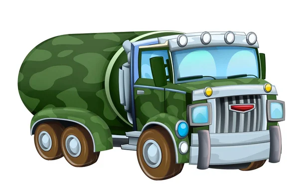 Kreslený zábavný vojenský náklaďák nádrž izolovaný na bílém pozadí ilustrace pro děti — Stock fotografie