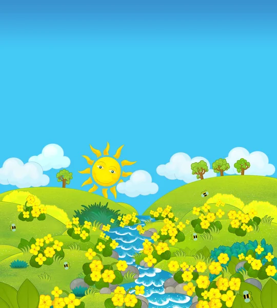 Escena de dibujos animados con prado soleado de verano con flores amarillas - ilustración para niños —  Fotos de Stock