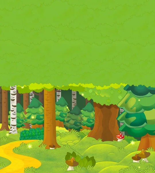 Tecknad Sommarscen med Stig i skogen med extra utrymme för text-ingen på scen-illustration för barn — Stockfoto