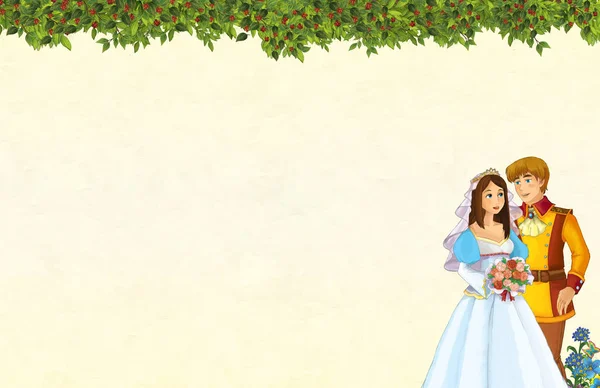 Scena del cartone animato con felice giovane ragazza e ragazzo principe e principessa nella foresta - con spazio per il testo - illustrazione per i bambini — Foto Stock