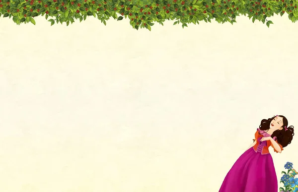 Scena kreskówki z kwiatową ramką piękna dziewczyna księżniczka-Strona tytułowa z miejscem na tekst-ilustracja dla dzieci — Zdjęcie stockowe