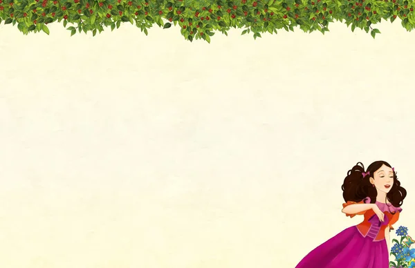 꽃 프레임 아름다운 소녀 공주만화 장면 - 텍스트 공간 제목 페이지 - 어린이를위한 일러스트 레이션 — 스톡 사진
