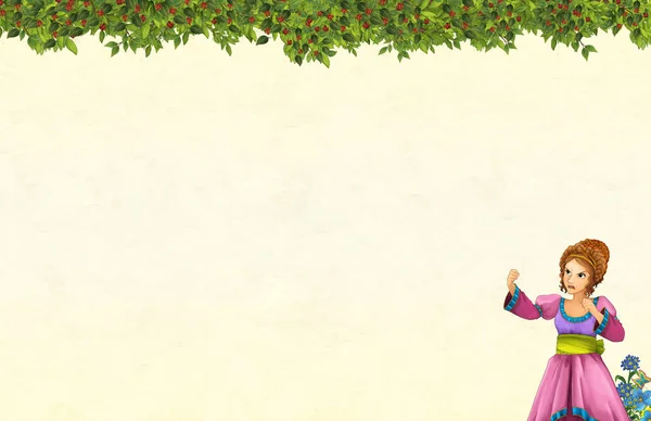 Rajzfilm jelenet virágos kerettel gyönyörű lány hercegnő-Címlap a helyet a szöveg-illusztráció gyerekeknek — Stock Fotó