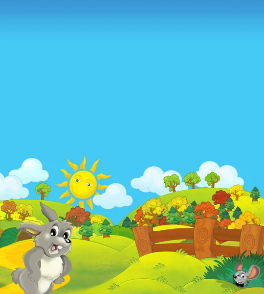 Cartoon Nature Farm landsbygdens soliga scenen för olika användning och några djur-illustration för barn — Stockfoto