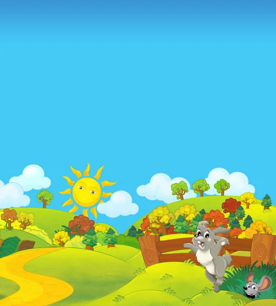 Cartoni animati natura fattoria rurale scena di sole per uso diverso e alcuni animali - illustrazione per i bambini — Foto Stock