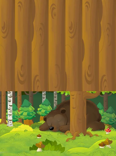 Escena de dibujos animados con un oso durmiendo en el bosque - con espacio para el texto - ilustración para niños —  Fotos de Stock