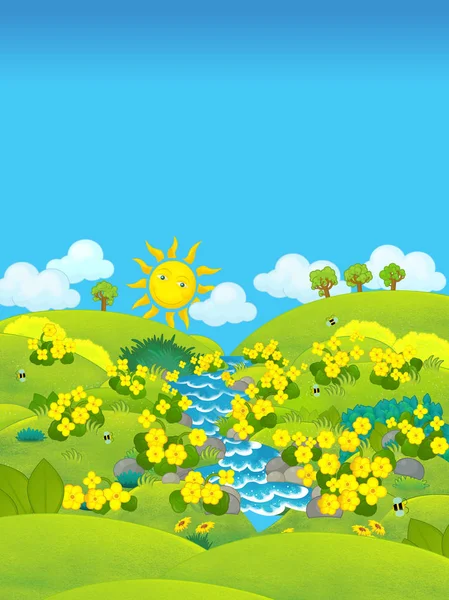 Dibujos animados hermosa escena de primavera o verano prado - ilustración para niños —  Fotos de Stock