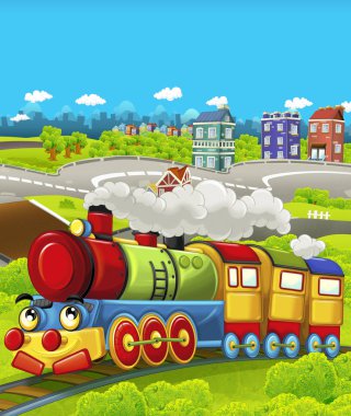 Şehir - illüstrasyon çocuklar için geçmekte komik görünümlü buharlı tren çizgi film