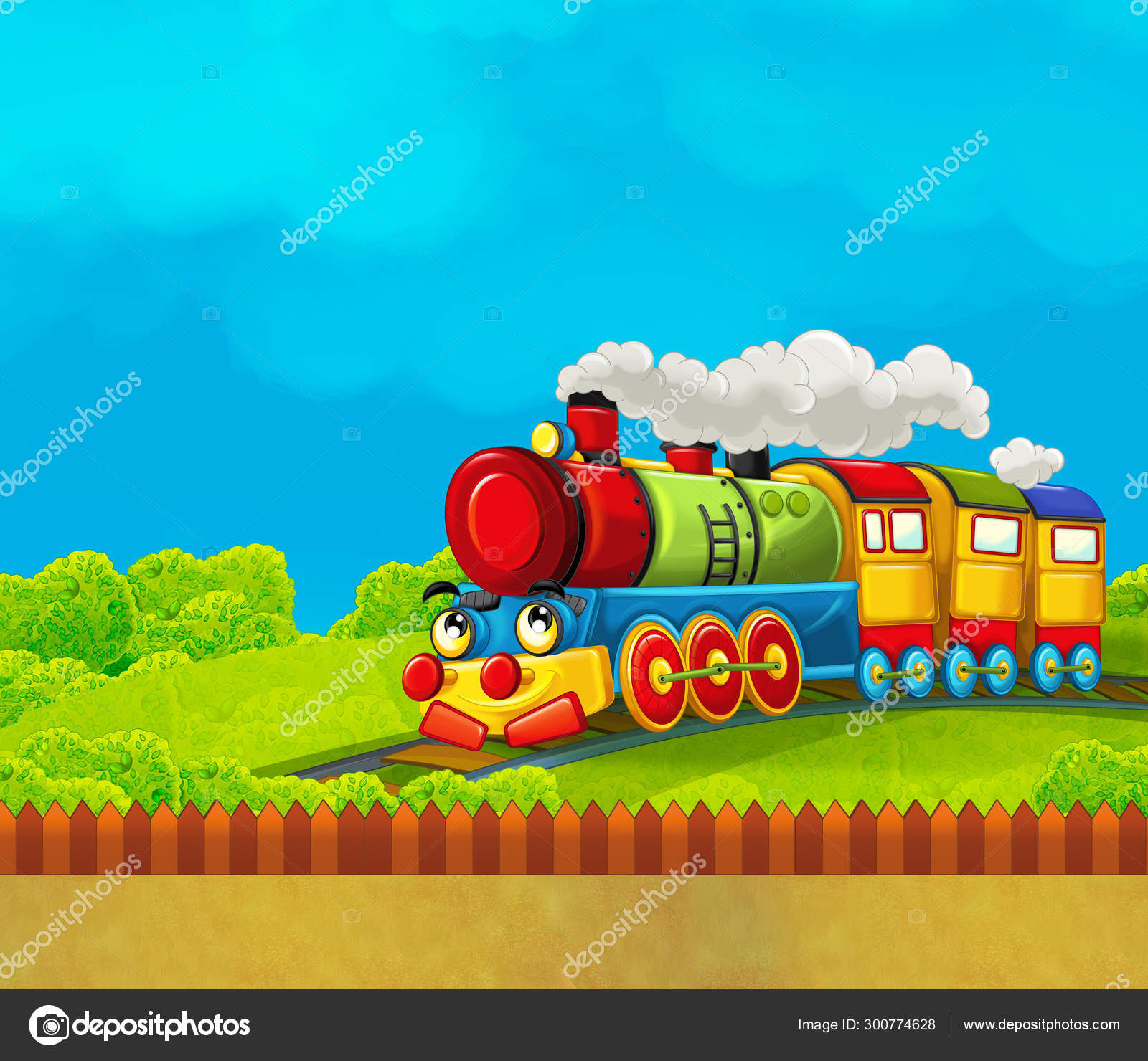 Cartoon funny looking steam train going through the city - illustration for  children Stock Photo by ©illustrator_hft 300774628