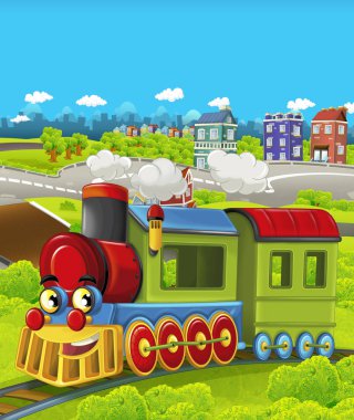 Şehir - illüstrasyon çocuklar için geçmekte komik görünümlü buharlı tren çizgi film