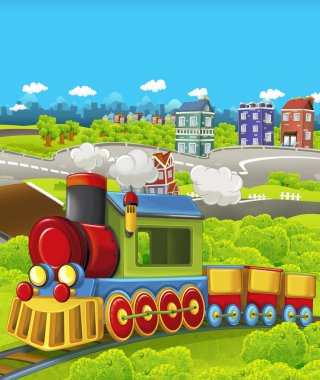 Şehir - illüstrasyon çocuklar için geçmekte komik görünümlü buharlı tren çizgi film