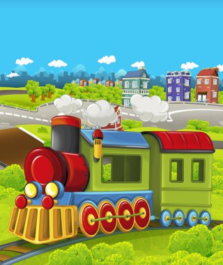 Şehir - illüstrasyon çocuklar için geçmekte komik görünümlü buharlı tren çizgi film