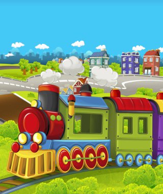 Şehir - illüstrasyon çocuklar için geçmekte komik görünümlü buharlı tren çizgi film