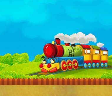 Şehir - illüstrasyon çocuklar için geçmekte komik görünümlü buharlı tren çizgi film