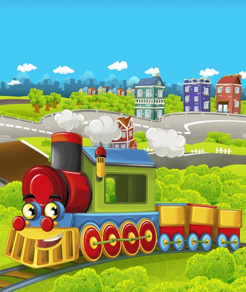 Cartoon funny looking steam train going through the city - illustration for children — Stock Photo, Image